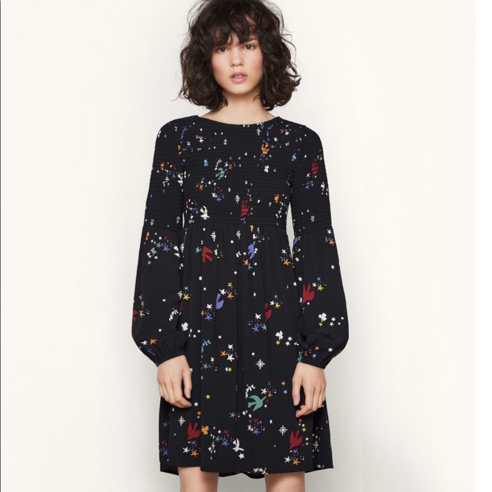 Maje smock bird print logo dress